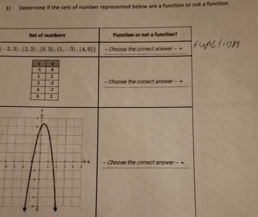 Determine if the sets of number represented below are a function or not a function 
Set of numbers Function or not a function?
(-2,3),(2,2),(0,3),(1,-3),(4,6) - Choose the correct answer - 
- Choose the correct answer - 
- Choose the correct answer -