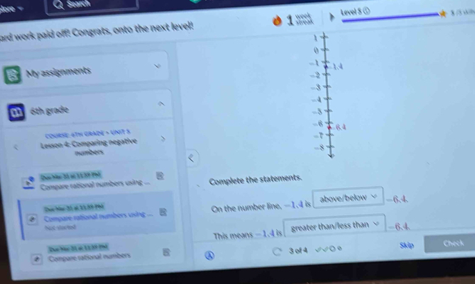 pore = Search
week Level S ①
ard work paid off! Congrats, onto the next level! streak 8 /3 
1
0
-1 1 、 4
B My assignments
-2
-3
6th grade -4
-5
-6 6.4
COURSE: 6TN GRADE > UNIT 5
Lesson 4: Comparing negative
-8
numbers
Dơn Mạc 21 sĩ 1 1 39 Phố
Compare rational numbers using ... Complete the statements.
Chục Mạr 25 at 15 59-P64
@ ° Comparé rational numbers using ... On the number line, —1.4 is above/below √ -6.4
hot-stow lesd -6.4
Đạc Núc 21 o: 11 39 P9 This means - 1.4 is greater than/less than
# Compare rational numbers ③ ○ 3 of 4 √√0 。 Skip Check