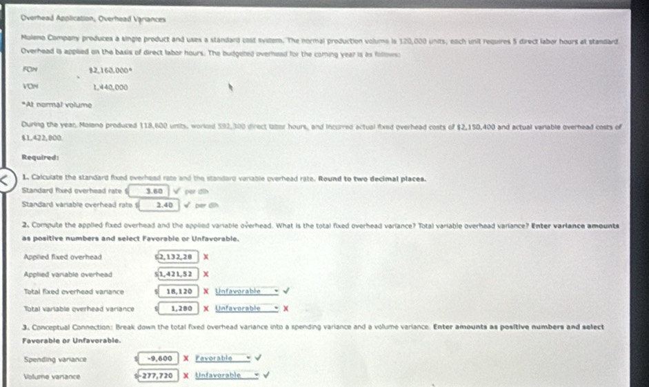 Overhead Application, Overhead Variances 
Moleno Company produces a single product and uses a standard cost svitem. The normal production volume is 120,000 units; each unit requires 5 direct labor hours at standard 
Overhead is applied on the basis of direct labor hours. The budgeted overhead for the coming year is as fillows: 
FON 82,160,000°
VON 1,440,000
*At nermal volume 
During the year. Molano produced 118,600 units, worked 592,300 direct laber hours, and incurred actual fixed overhead costs of $2,150,400 and actual variable overhead costs of
$1,422,800. 
Required: 
1. Calculate the standard fixed overhead race and the standard veriable overhead rate. Round to two decimal places. 
Standard fixed overhead rate 3.60 √ per ith 
Standard variable overhead rate s 2.40 √ per dh
2 Compute the applied fixed overhead and the applied variable overhead. What is the total fixed overhead varlance? Total variable overhead variance? Enter varlance amount 
as positive numbers and select Favorable or Unfavorable. 
Appried fixed overhead 2,132,28 x
Applied variable overhead 1,421,52 x 
Total fixed overhead variance 5 18,120 X Unfavorable 、. 
Total variable overhead variance 1,280 X Unfavorable X
3. Conceptual Connection: Break down the total fixed overhead variance into a spending variance and a volume variance. Enter amounts as positive numbers and select 
Favorable or Unfavorable. 
Spending variance -9,600 X Favorable 。 
Vafume varance 277,720 X Unfaverable