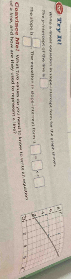 Try It!
Write a linear equation in slope-intercept form for the graph shown.
The y-intercept of the line is □ .
The slope is  □ /□   The equation in slope-intercept form is □ =□ x+□ .
Convince Me! What two values do you need to know to write an equatio
of a line, and how are they used to represent a line?