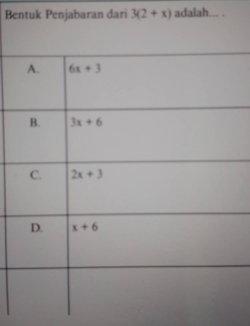 Bentuk Penjabaran dari 3(2+x) adalah... .