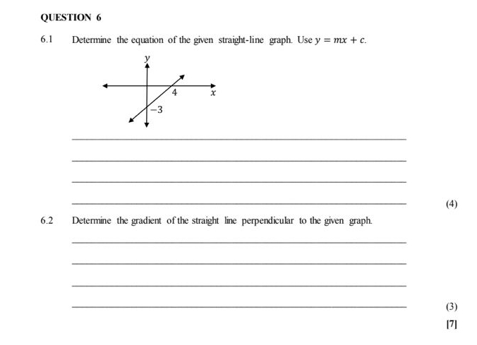 6.1 Determine the equation of the given straight-line graph. Use y=mx+c. 
_ 
_ 
_ 
_ 
(4) 
6.2 Determine the gradient of the straight line perpendicular to the given graph. 
_ 
_ 
_ 
_ 
(3) 
[7]