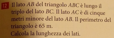 Il lato AB del triangolo ABC è lungo il 
triplo del lato BC. Il lato AC è di cinque 
metri minore del lato AB. Il perimetro del 
triangolo è 65 m. 
Calcola la lunghezza dei lati.