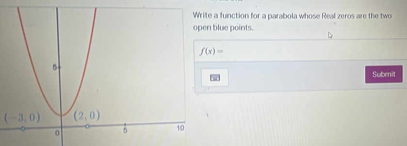 a function for a parabola whose Real zeros are the two
blue points.
f(x)=
Submit