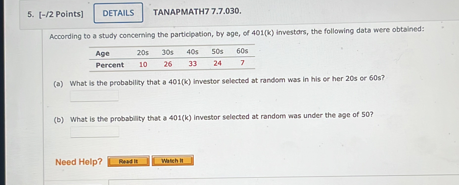 DETAILS TANAPMATH7 7.7.030. 
According to a study concerning the participation, by age, of 401(k) investors, the following data were obtained: 
(a) What is the probability that a 401(k) investor selected at random was in his or her 20s or 60s? 
(b) What is the probability that a 401(k) investor selected at random was under the age of 50? 
Need Help? Read It Watch It