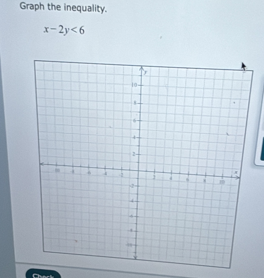 Graph the inequality.
x-2y<6</tex>