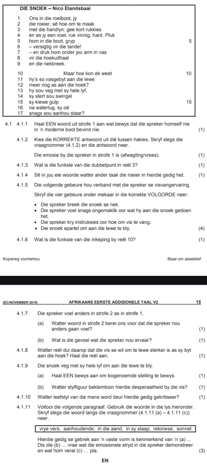 DIE SNOEK - Nico Elandsbaai
1 Ons in die roeiboot, jý
2 die roeier, sê hoe om te maak
3 met die handlyn: gee kort rukkies
4 en as jy een voel, ruk vinnig, hard. Pluk
5 hom in die boot, gryp
5
6 - versigtig vir die tande!
7 - en druk hom onder jou arm in vas
8  vir die hoekuithaal
9en die nekbreek.
10 Maar hoe kon ek weet 10
11 hy's so vasgebyt aan die lewe
12 meer nog as aan die hoek?
13 hy sou veg met sy hele lyf,
14 sy stert sou swingel
15 sy kiewe gulp 15
16 na waterlug, sy oë
17 snags sou aanhou staar?
4.1 4.1.1 Haal EEN woord uit strofe 1 aan wat bewys dat die spreker homself nie
in 'n moderne boot bevind nie. (1)
4,1.2 Kies die KORREKTE antwoord uit dié tussen hakies. Skryf slegs die
vraagnommer (4.1.2) en die antwoord neer.
Die emosie by die spreker in strofe 1 is (afwagting/vrees). (1)
4.1.3 Wat is die funksie van die dubbelpunt in reel 3? (1)
4.1.4 Sê in jou eie woorde watter ander taak die roeier in hierdie gedig het. (1)
4.1.5 Die volgende gebeure hou verband met die spreker se visvangervaring.
Skryf die vier gebeure onder mekaar in die korrekte VOLGORDE neer;
Die spreker breek die snoek se nek.
Die spreker voel snags ongemaklik oor wat hy aan die snoek gedoen
het.
Die spreker kry instruksies oor hoe om vis te vang. (4)
Die snoek spartel om aan die lewe te bly.
4.1.6 Wat is die funksie van die inkeping by reël 10?
(1)
Kopiereg voorbehou Blaai om asseblief
[ECINOVEMBER 2018) AFRIKAANS EERSTE ADDISIONELE TAAL V2 15
4.1.7 Die spreker voel anders in strofe 2 as in strofe 1.
(a) Watter woord in strofe 2 berei ons voor dat die spreker nou
anders gaan voel?
(1)
(b) Wat is die gevoel wat die spreker nou ervaar? (1)
4 1 8 Watter reël dui daarop dat die vis se wil om te lewe sterker is as sy byt
aan die hoek? Haal die reël aan.
4.1.9 Die snoek veg met sy hele lyf om aan die lewe te bly. (1)
(a) Haal EEN bewys aan om bogenoemde stelling te bewys. (1)
(b) Watter stylfiguur beklemtoon hierdie desperaatheid by die vis? (1)
4.1.10 Watter leefstyl van die mens word deur hierdie gedig gekritiseer? (1)
4.1.11 Voltooi die volgende paragraaf. Gebruik die woorde in die lys hieronder.
Skryf slegs die woord langs die vraagnommer (4.1.11(a)-4.1.11(c))
neer.
vrye vers; aanhoudende； in die aand； in sy slaap; retoriese； sonnet
Hierdie gedig se gebrek aan 'n vaste vorm is kenmerkend van 'n (a) ...
Dis die (b) ... vrae wat die emosionele stryd in die spreker demonstreer (3)
en wat hom veral (c) ... pla.
EN