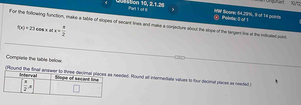 tan Orqunart 10/12
< Question 10, 2.1.26 Part 1 of 6 > HW Score: 64.29%, 9 of 14 points
Points: 0 of 1
For the following function, make a table of slopes of secant lines and make a conjecture about the slope of the tangent line at the indicated point.
f(x)=23cos xatx= π /2 
Complete the table below.
(Round the fided. Round all intermediate values to four decimal places as needed.)