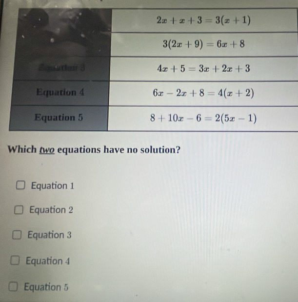 Which two equations have no solution?
Equation 1
Equation 2
Equation 3
Equation 4
Equation 5