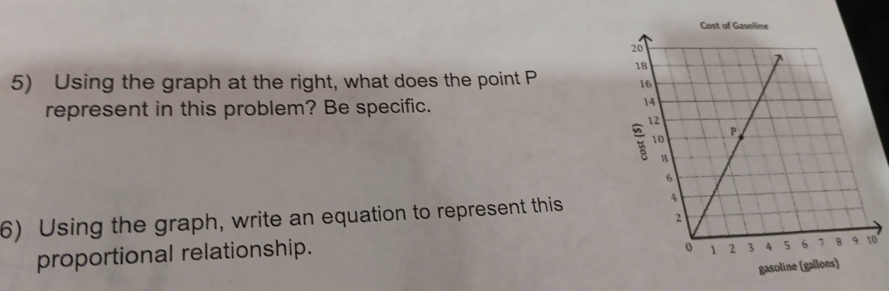 Using the graph at the right, what does the point P
represent in this problem? Be specific. 
6) Using the graph, write an equation to represent this 
proportional relationship.
0