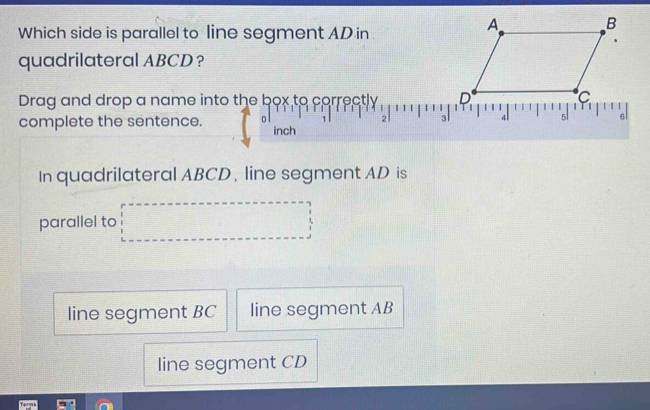 Solved: Which side is parallel to line segment AD in quadrilateral ABCD ...