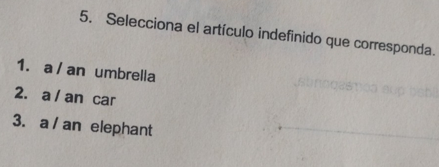 Selecciona el artículo indefinido que corresponda.
1. a / an umbrella
2. a / an car
3. a / an elephant