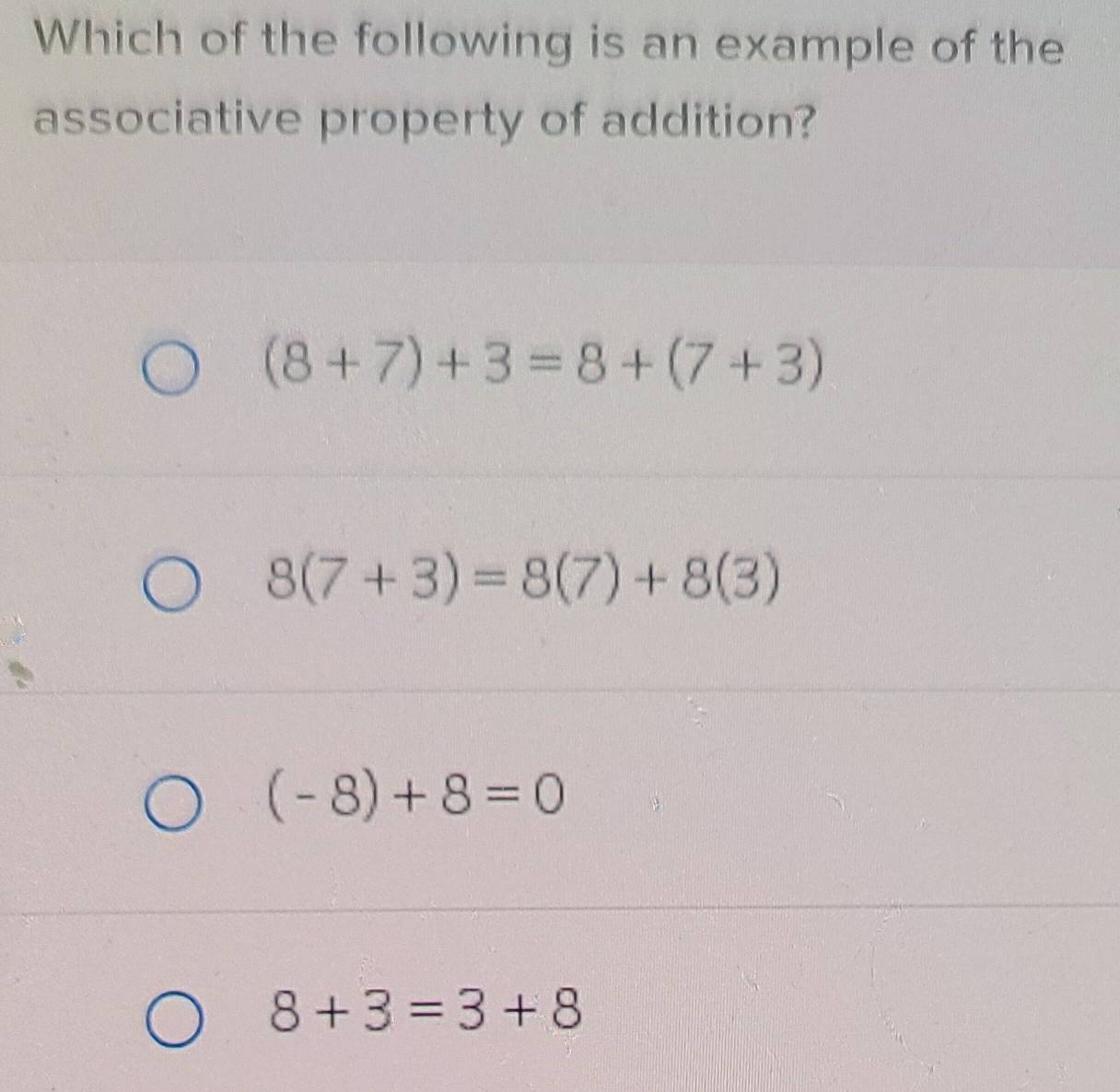 Solved: Which of the following is an example of the associative ...