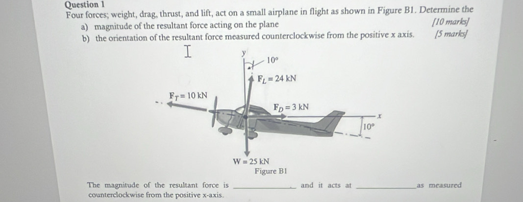 Four forces; weight, drag, thrust, and lift, act on a small airplane in flight as shown in Figure B1. Determine the
a) magnitude of the resultant force acting on the plane [10 marks]
b) the orientation of the resultant force measured counterclockwise from the positive x axis. [5 marks]
The magnitude of the resultant force is _and it acts at _as measured
counterclockwise from the positive x-axis.