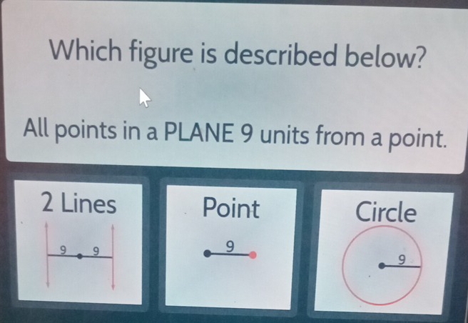 Which figure is described below? 
All points in a PLANE 9 units from a point.
2 Lines Point Circle
9 9
9
9