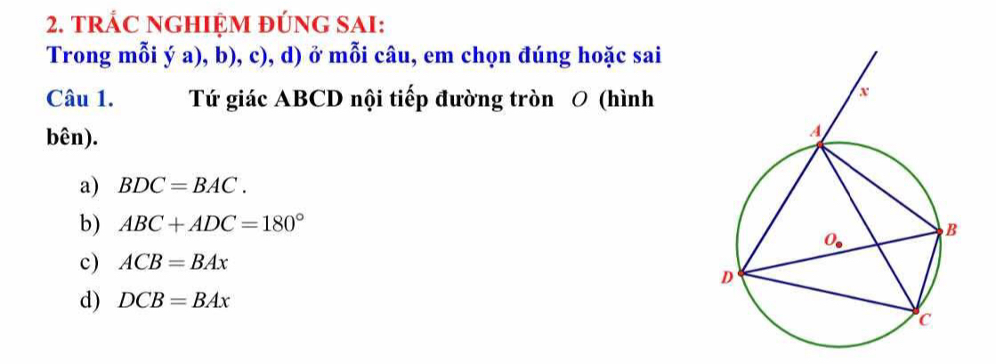 TRÁC NGHIỆM đÚNG SAI:
Trong mỗi ý a), b), c), d) ở mỗi câu, em chọn đúng hoặc sai
Câu 1. Tứ giác ABCD nội tiếp đường tròn 0 (hình
bên).
a) BDC=BAC.
b) ABC+ADC=180°
c) ACB=BAx
d) DCB=BAx