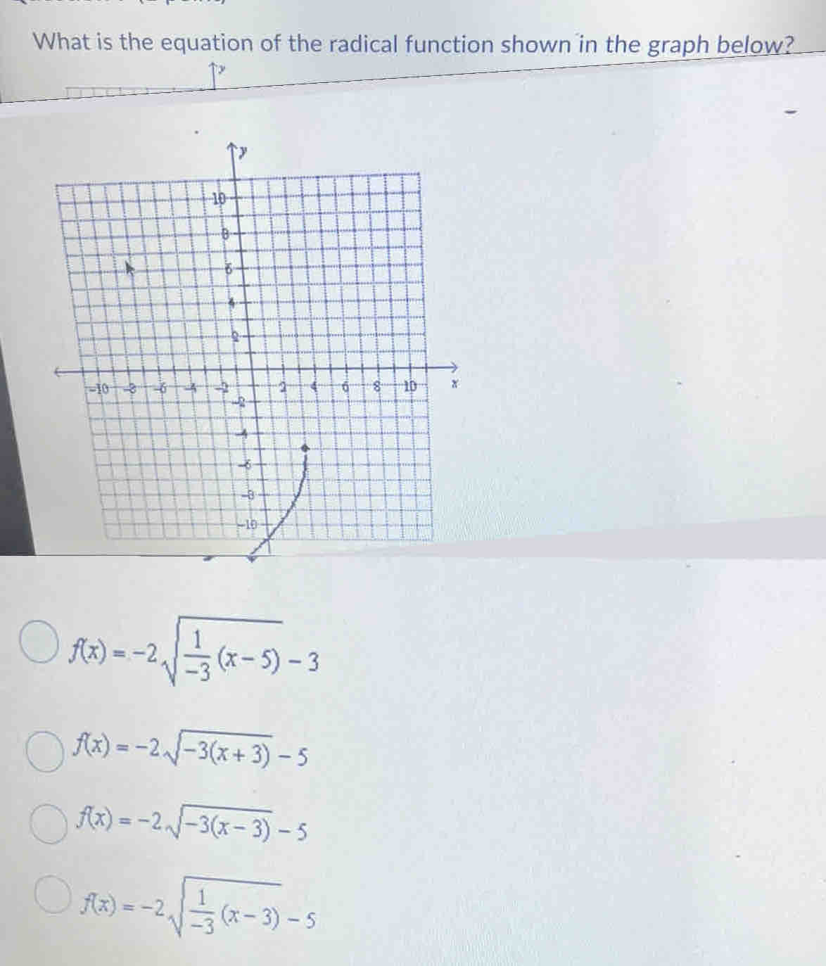 What is the equation of the radical function shown in the graph below?
f(x)=-2sqrt(frac 1)-3(x-5)-3
f(x)=-2sqrt(-3(x+3))-5
f(x)=-2sqrt(-3(x-3))-5
f(x)=-2sqrt(frac 1)-3(x-3)-5