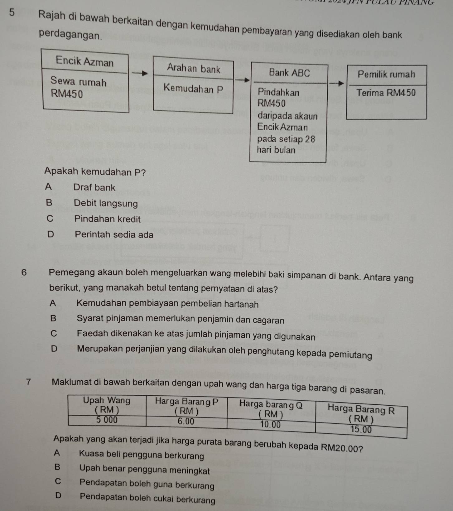 Rajah di bawah berkaitan dengan kemudahan pembayaran yang disediakan oleh bank
perdagangan.
Encik Azman Arahan bank
Bank ABC Pemilik rumah
Sewa rumah Kemudahan P
Pindahkan
RM450 Terima RM450
RM450
daripada akaun
Encik Azman
pada setiap 28
hari bulan
Apakah kemudahan P?
A Draf bank
B Debit langsung
C Pindahan kredit
D Perintah sedia ada
6 Pemegang akaun boleh mengeluarkan wang melebihi baki simpanan di bank. Antara yang
berikut, yang manakah betul tentang pernyataan di atas?
A Kemudahan pembiayaan pembelian hartanah
B Syarat pinjaman memerlukan penjamin dan cagaran
C Faedah dikenakan ke atas jumlah pinjaman yang digunakan
D Merupakan perjanjian yang dilakukan oleh penghutang kepada pemiutang
7 Maklumat di bawah berkaitan dengan upah wang dan harga tiga barang di p
Apakah yang akan terjadi jika harga purata barang berubah kepada RM20.00?
A Kuasa beli pengguna berkurang
B Upah benar pengguna meningkat
C Pendapatan boleh guna berkurang
D Pendapatan boleh cukai berkurang