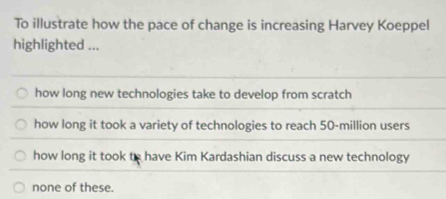 To illustrate how the pace of change is increasing Harvey Koeppel
highlighted ...
how long new technologies take to develop from scratch
how long it took a variety of technologies to reach 50-million users
how long it took to have Kim Kardashian discuss a new technology
none of these.