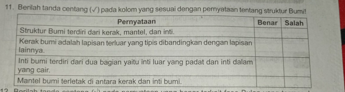 Berilah tanda centang (√) pada kolom yang sesuai dengan pernyataan ten 
12