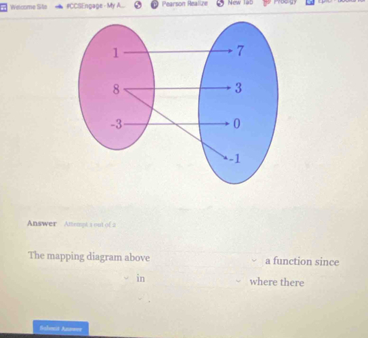 Welcome Site #CCSEngage - My A. Pearson Realize New lab Prodigy 
Answer Attempt 1 out of 2 
The mapping diagram above a function since 
in where there 
Sabnit Answer