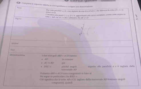 esercizr guuao 
Completa la seguente tabella in cui ti guádiamo a wolgore una dimostratione. 
Due rette parallele a e b, sono tagliate da una trasversale c, che interseca la retta a in A e la 
Passi setta b in B. 
Considera due panti C ε a, D=h a partenenti al lo stesso semipiano avente come origine la . 
erta c . tat ch e A C s Bt1 e úmostra che ABparallel CD
Figurà 
,. 
A 
r 
Ipotesi 
Tesl 
Dimostrazione I due triangoli ABD e ACD hanno: 
AD En cosune
AC≌ BD per
Doverline AC= perché angol rispetto alle parallele a e b taglate dalia 
trasversale AD 
Pertanto A/D e ACD sono congruenti in base al 
Ne segue in particolare che BAD =
Ció significa che le rette A& e CD, tagliate dalla trasversale AD formano angoli 
congruenti, quindi