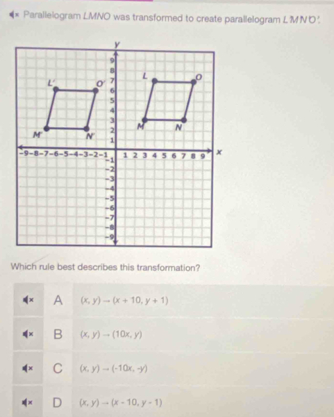 Parallelogram LMNO was transformed to create parallelogram LMN ७ .
Which rule best describes this transformation?
A (x,y)to (x+10,y+1)
B (x,y)to (10x,y)
C (x,y)to (-10x,-y)
(x,y)to (x-10,y-1)