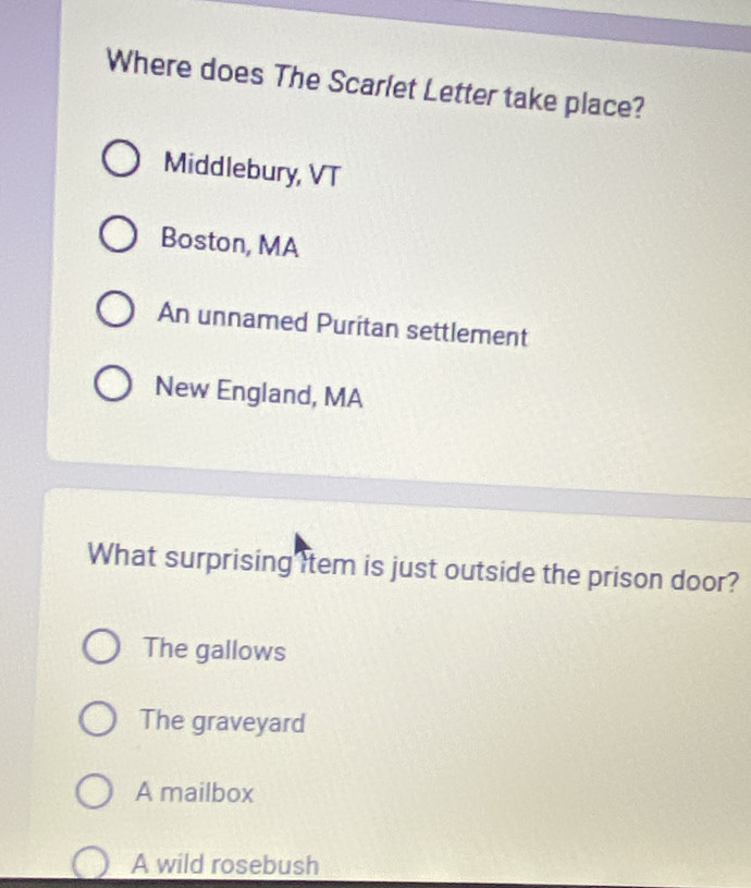 Where does The Scarlet Letter take place?
Middlebury, VT
Boston, MA
An unnamed Puritan settlement
New England, MA
What surprising item is just outside the prison door?
The gallows
The graveyard
A mailbox
A wild rosebush