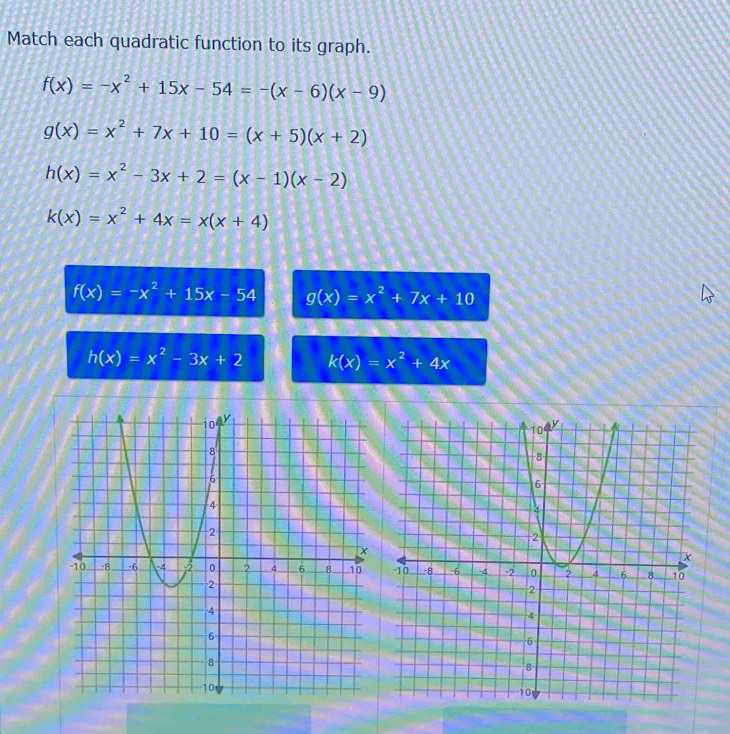 Match each quadratic function to its graph.
f(x)=-x^2+15x-54=-(x-6)(x-9)
g(x)=x^2+7x+10=(x+5)(x+2)
h(x)=x^2-3x+2=(x-1)(x-2)
k(x)=x^2+4x=x(x+4)
f(x)=-x^2+15x-54 g(x)=x^2+7x+10
h(x)=x^2-3x+2 k(x)=x^2+4x