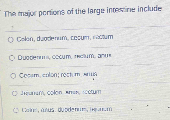 Solved: The major portions of the large intestine include Colon ...