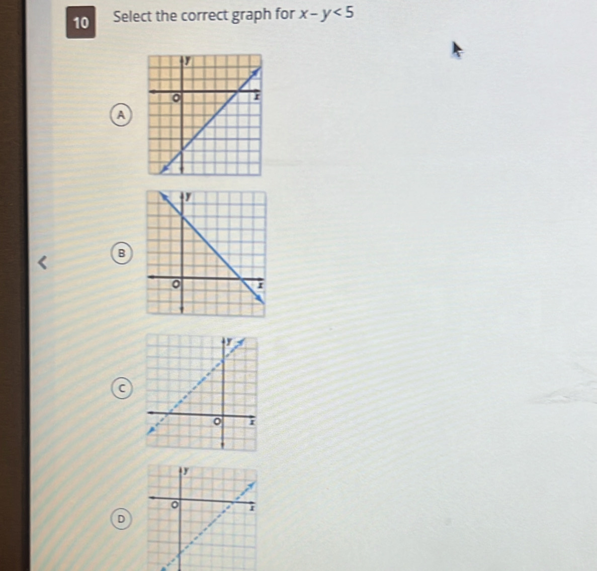 Select the correct graph for x-y<5</tex>
a
B
D