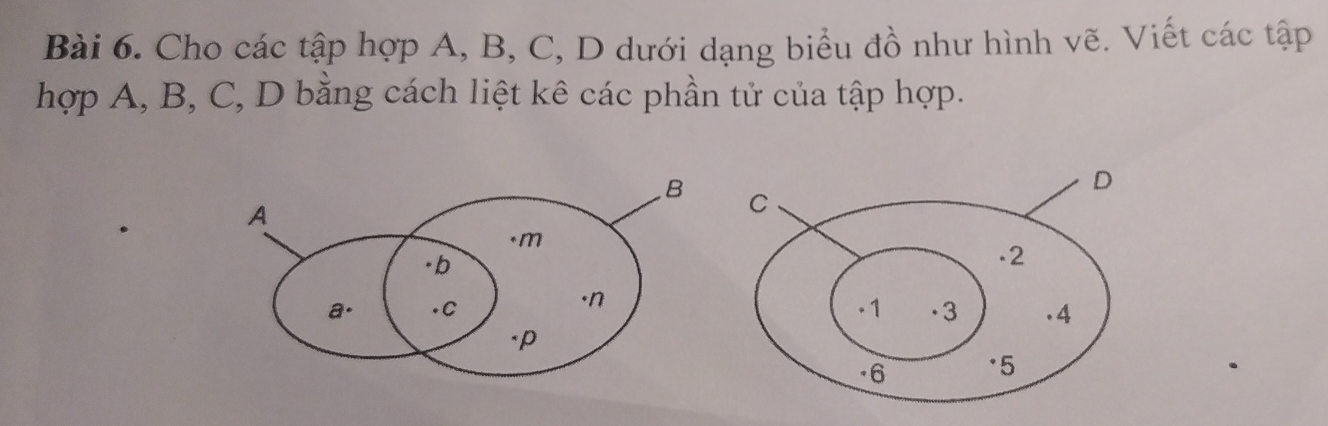 Cho các tập hợp A, B, C, D dưới dạng biểu đồ như hình vẽ. Viết các tập 
hợp A, B, C, D bằng cách liệt kê các phần tử của tập hợp.