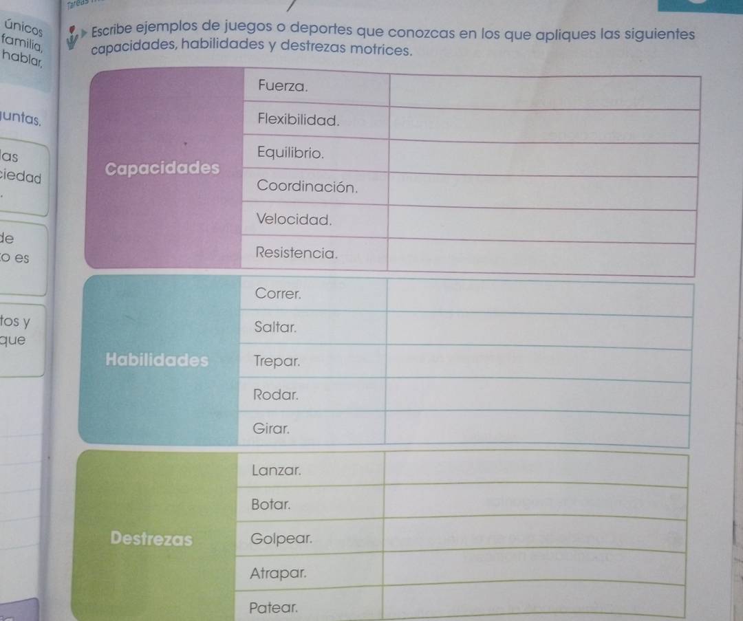 Tareas 
únicos J 
Escribe ejemplos de juegos o deportes que conozcas en los que apliques las siguientes 
familia, capacidades, habilidades y destrezas motrices. 
hablar 
untas 
as 
iedad 
de 
o es 
Correr. 
tos y 
Saltar. 
que 
Habilidades Trepar. 
Rodar. 
Girar. 
Lanzar. 
Botar. 
Destrezas Golpear. 
Atrapar. 
Patear.