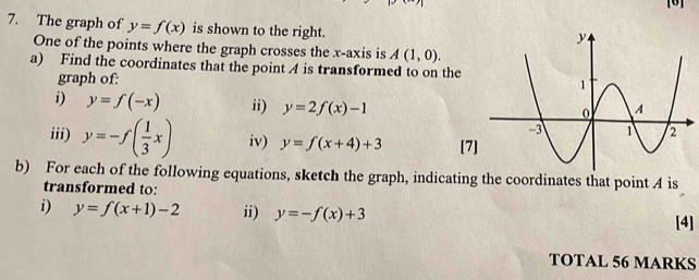 [B] 
7. The graph of y=f(x) is shown to the right. 
One of the points where the graph crosses the x-axis is A(1,0). 
a) Find the coordinates that the point A is transformed to on the 
graph of: 
i) y=f(-x) ii) y=2f(x)-1
iii) y=-f( 1/3 x) iv) y=f(x+4)+3 [7 
b) For each of the following equations, sketch the graph, indicating the coordinates that point A is 
transformed to: 
i) y=f(x+1)-2 ii) y=-f(x)+3 [4] 
TOTAL 56 MARKS