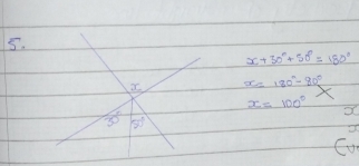 x+30°+50°=180°
x=180°-80°
x=100° X
30° 50°
Co