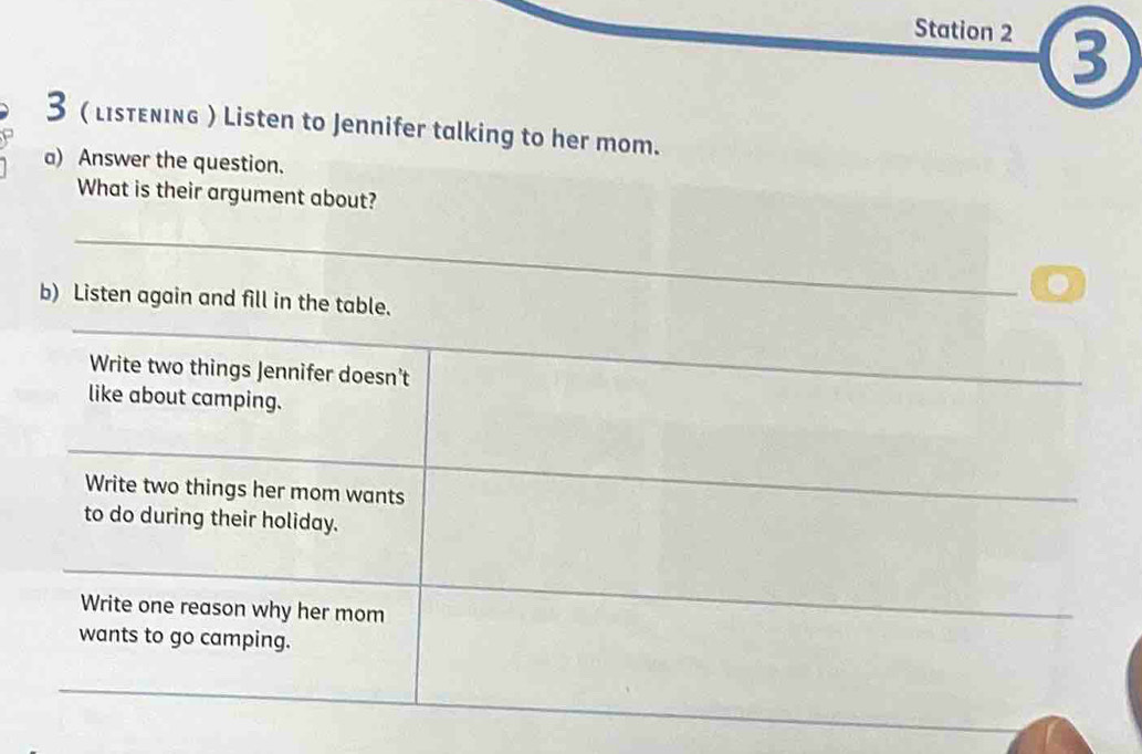 Station 2 3 
3 ( Listening ) Listen to Jennifer talking to her mom. 
a) Answer the question. 
What is their argument about? 
_ 
_ 
b) Listen again and fill in the table. 
Write two things Jennifer doesn't 
like about camping. 
Write two things her mom wants 
to do during their holiday. 
Write one reason why her mom 
wants to go camping.