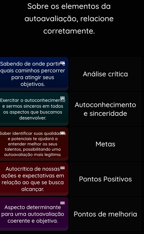 Sobre os elementos da 
autoavaliação, relacione 
corretamente. 
Sabendo de onde partir 
quais caminhos percorrer Análise crítica 
para atingir seus 
objetivos. 
Exercitar o autoconhecimento ::: 
e sermos sinceros em todos Autoconhecimento 
os aspectos que buscamos e sinceridade 
desenvolver. 
Saber identificar suas qualidades 
e potenciais te ajudará a 
entender melhor os seus Metas 
talentos, possibilitando uma 
autoavaliação mais legítima. 
Autocrítica de nossas=== 
ações e expectativas em Pontos Positivos 
relação ao que se busca 
alcançar. 
::: 
Aspecto determinante 
para uma autoavaliação Pontos de melhoria 
coerente e objetiva.