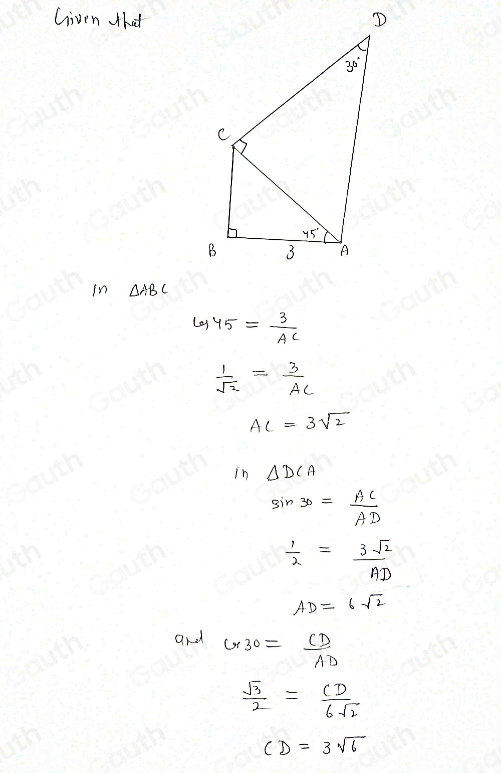 Solved: The diagram shows right triangles ABC and ACD with m∠ BAC=45°,m ...
