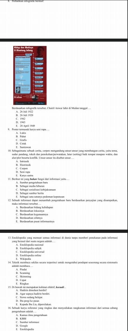 Berdasarkan infografik tersebut, Chairil Anwar lahir di Medan tanggal....
A. 26 Juli 1922
B. 26 Juli 1920
C. 1942
D. 1943
E. 28 April 1949
9. Poster termasuk karya seni rupa…
A. Lukis
B. Pahat
C. Grafis
D. Cetak
E. Sastrawan
10. Sebagaimana sebuah cerita, cerpen mengandung unsur-unsur yang membangun cerita, yaitu tema,
sudut pandang, tokoh dan penokohan/perwatakan, latar (setting) baik tempat maupun waktu, dan
alur/plot beserta konflik. Unsur-unsur itu disebut unsur....
A. Intrinsik
B. Ekstrinsik
C. Cerpen
D. Seni rupa
E. Karya sastra
11. Berikut ini yang bukan fungsi dari informasi yaitu....
A. Sumber pengetahuan baru
B. Sebagai media hiburan
C. Sebagai sosialisasi kebijaksanaan
D. Sebagai sumber berita
E. Sebagai satu-satunya pedoman keputusan
12. Sebuah informasi dapat menambah pengetahuan baru berdasarkan penyajian yang disampaikan,
maka informasi tersebut…
A. Berdasarkan bidang kehidupan
B. Berdasarkan lokasinya
C. Berdasarkan kegumaanny
D. Berdasarkan sifatrya
E. Berdasarkan pusat informasinya
13. Ensiklopedia yang memuat semua informasi di dunia tanpa memberi penekanan pada informasi
yang berasal dari suatu negara adalah…
A. Ensiklopedia nasional
B. Ensiklopedia subjek
C. Ensiklopedia universal
D. Ensiklopedia online
E. Wikipedia
14. Teknik membaca sekilas secara terperinci untuk mengetahui pendapat seseorang secara sistematis
adalah membaca.
A. Pindai
B. Scarning
C. Skimming
D. Cepat
E. Ringkas
15. Di bawah ini merupakan kalimat efektif, kecuai...
B. Agar supaya hadirin berdiri.
C. Siswa sedang belajar.
D. Ibu pergi ke pasar.
E. Kepada Ibu Lia, dipersilakan.
16. Sebuah karya referensi yang ringkas dan menyediakan rangkuman informasi dari semua cabang
pengetahuan adalah…..
A. Kamus ilmu pengetahuan
B. KBBl
C. Sumber informasi
D. Google
E. Ensiklopedia