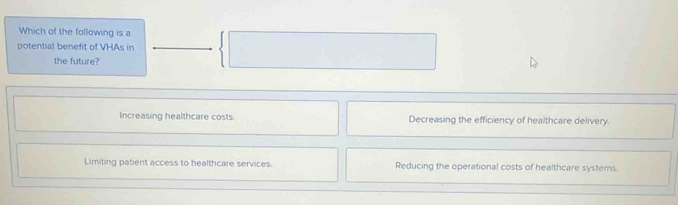 Which of the following is a
potential benefit of VHAs in
the future?
Increasing healthcare costs Decreasing the efficiency of healthcare delivery.
Limiting patient access to healthcare services Reducing the operational costs of healthcare systems.