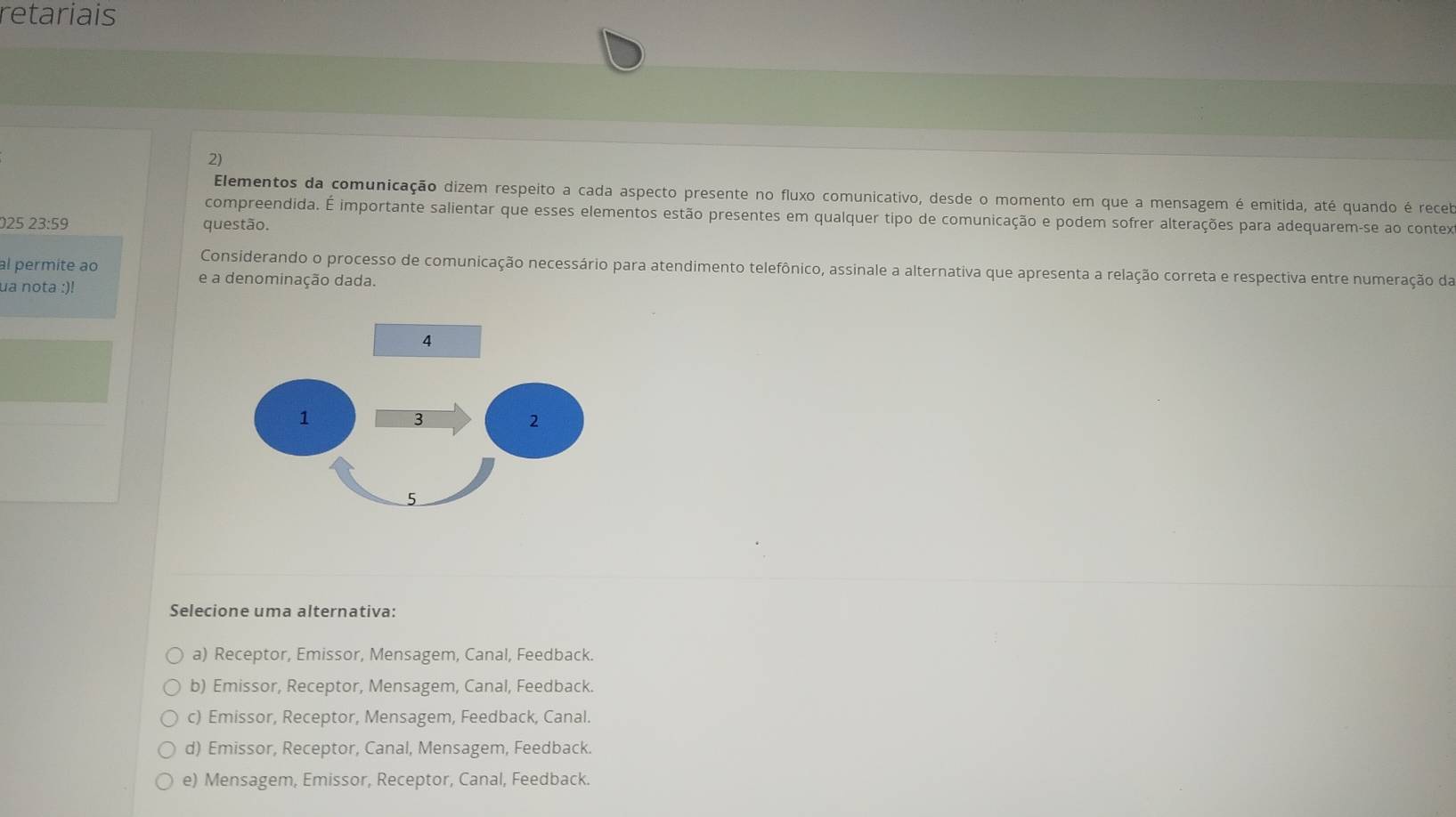 retariais
2)
Elementos da comunicação dizem respeito a cada aspecto presente no fluxo comunicativo, desde o momento em que a mensagem é emitida, até quando é receb
compreendida. É importante salientar que esses elementos estão presentes em qualquer tipo de comunicação e podem sofrer alterações para adequarem-se ao contex
025 23:59 questão.
al permite ao
Considerando o processo de comunicação necessário para atendimento telefônico, assinale a alternativa que apresenta a relação correta e respectiva entre numeração da
ua nota :)!
e a denominação dada.
Selecione uma alternativa:
a) Receptor, Emissor, Mensagem, Canal, Feedback.
b) Emissor, Receptor, Mensagem, Canal, Feedback.
c) Emissor, Receptor, Mensagem, Feedback, Canal.
d) Emissor, Receptor, Canal, Mensagem, Feedback.
e) Mensagem, Emissor, Receptor, Canal, Feedback.