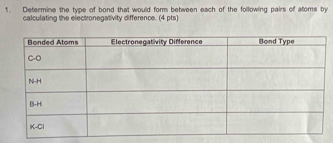 Determine the type of bond that would form between each of the following pairs of atoms by
calculating the electronegativity difference. (4 pts)