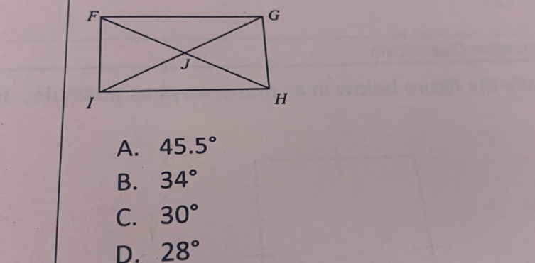 A. 45.5°
B. 34°
C. 30°
D. 28°