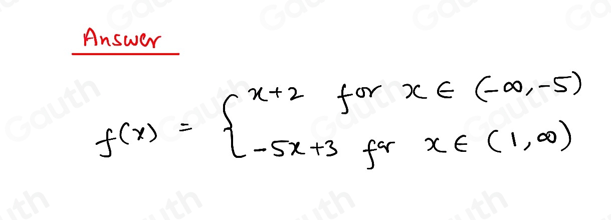 Answer
f(x)=beginarrayl x+2forx∈ (-∈fty ,-5) -5x+3forx∈ (1,∈fty )endarray.