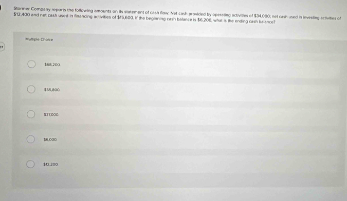 Stormer Company reports the following amounts on its statement of cash flow: Net cash provided by operating activities of $34,000; net cash used in investing activities of
$12,400 and net cash used in financing activities of $15,600. If the beginning cash balance is $6,200, what is the ending cash balance?
Multiple Choice
$68,200.
$55,800
$37,000.
$6,000
$12 200