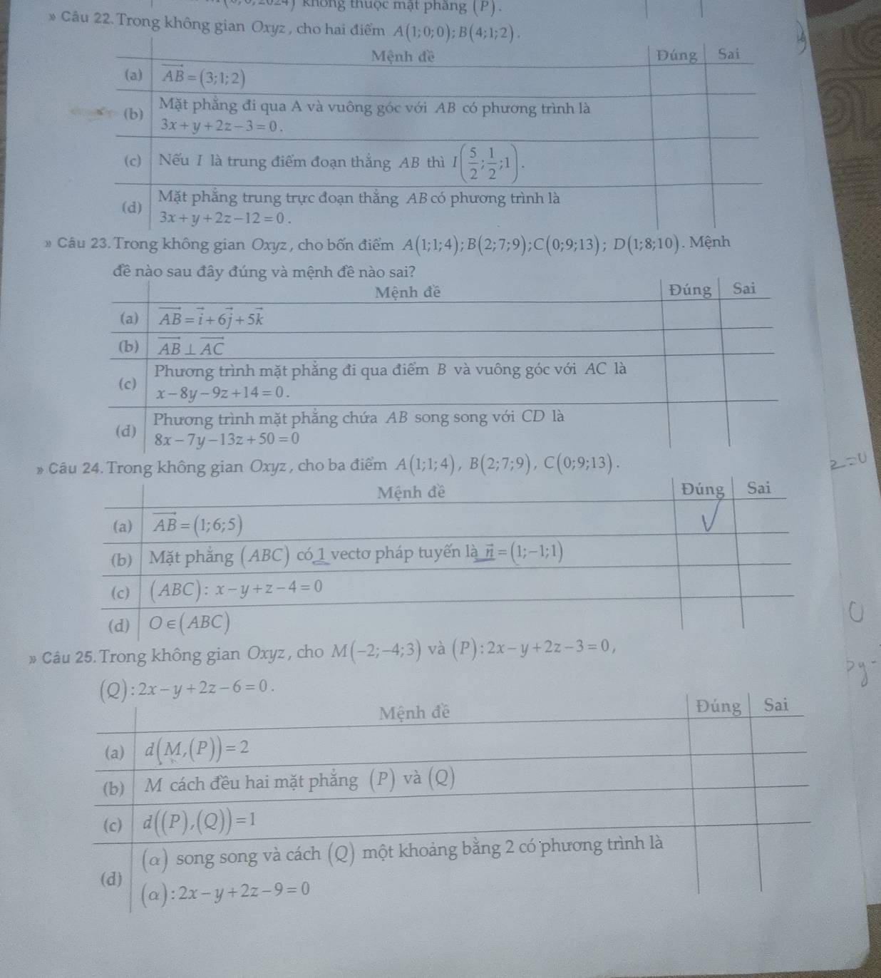 không thuộc mạt pháng (P).
* Gâu 22. Trong không gian Oxyz , cho hai điểm
* Câu 23. Trong không gian Oxyz , cho bốn điểm A(1;1;4);B(2;7;9);C(0;9;13);D(1;8;10).  Mệnh
* điểm A(1;1;4),B(2;7;9),C(0;9;13).
Câu 25. Trong không gian Oxyz , cho M(-2;-4;3) và (P):2x-y+2z-3=0,