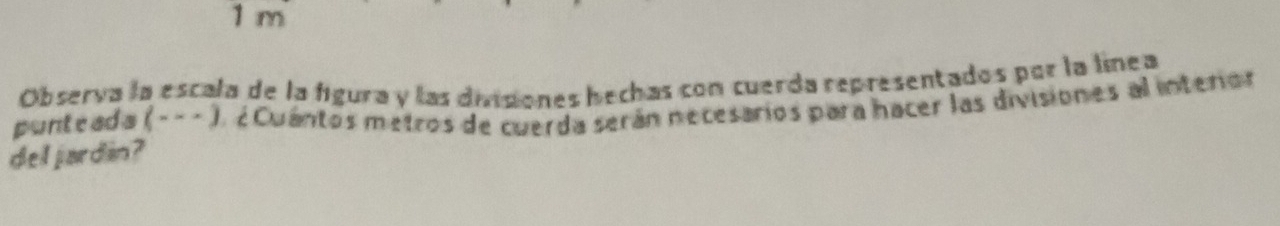 Observa la escala de la figura y las dinsiones hechas con cuerda representados por la línea 
punte ad a (x* x) O¿ Cuántos metros de cuerda serán necesarios para hacer las divisiones al interor 
del jardin?