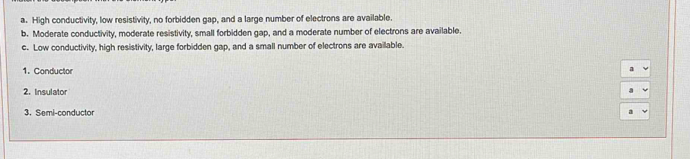 a. High conductivity, low resistivity, no forbidden gap, and a large number of electrons are available.
b. Moderate conductivity, moderate resistivity, small forbidden gap, and a moderate number of electrons are available.
c. Low conductivity, high resistivity, large forbidden gap, and a small number of electrons are available.
1. Conductor
a
2. Insulator
a
3. Semi-conductor a