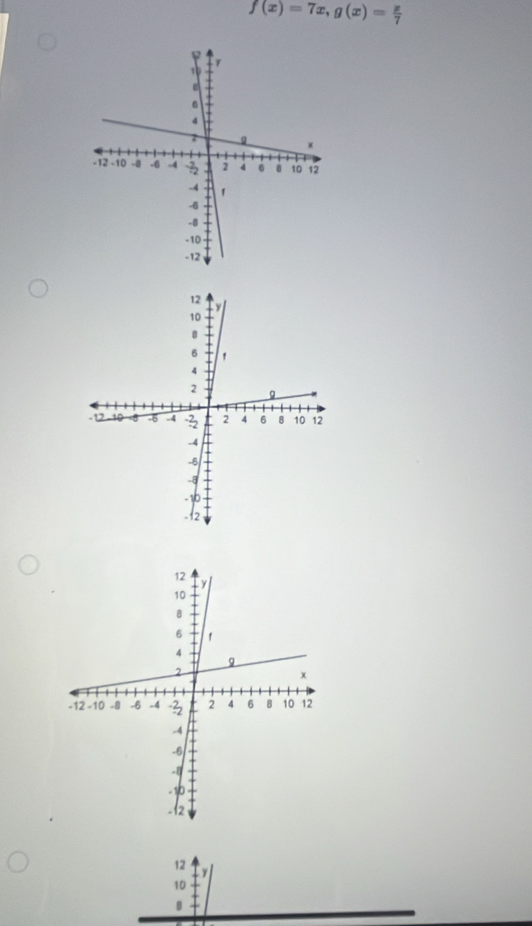 f(x)=7x, g(x)= x/7 