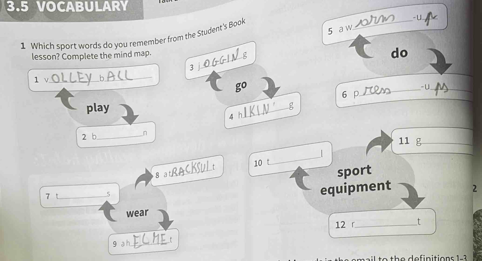 3.5 VOCABULARY 
5 a w_ -U_ 
1 Which sport words do you remember from the Student’s Book 
_ 
_ 
_ 
lesson? Complete the mind map. 
do 
3 
1 v_ 
_ 
go 
_-u___ 
6 P 
play 
_g 
I 
2 b_ n 
11 g 
| 
CKSULt 10 
_ 
8 at_ 
sport 
7 t_ S 
equipment 2 
wear 
12「_ t 
9 a h_ t 
a o th e definitions 1-3